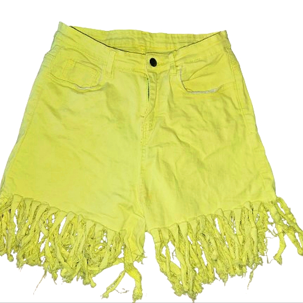 Neon Yellow, fringe, high waist denim shorts size XL